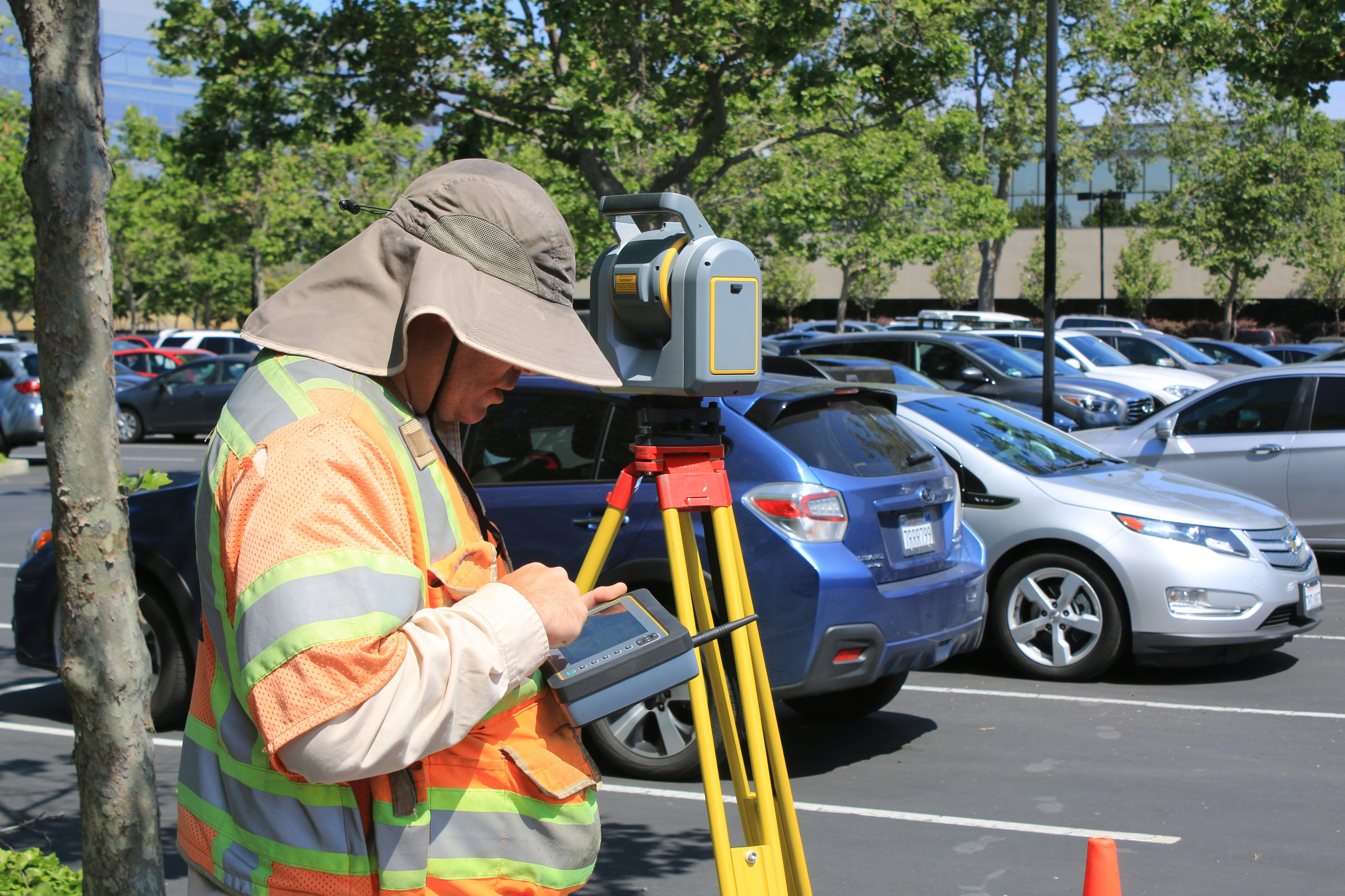 Pest control technician inspecting building.